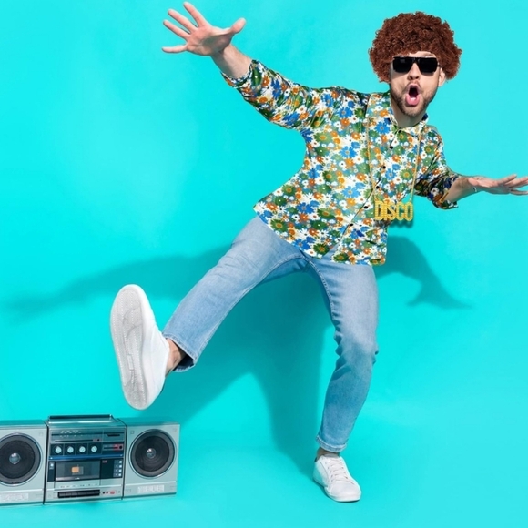 70s Costume Flare Jeans & Disco Outfit Floral Button-up Shirt Multi-color Men XL - Picture 1 of 16